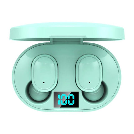 E6S Wireless Earbuds With LED Battery Display For Daily Use mint green earbuds in charging case showing 100% LED