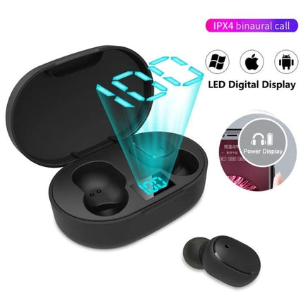 E6S Wireless Earbuds With LED Battery Display For Daily Use compact black case showing LED power display and single earbud