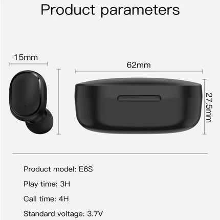 E6S Wireless Earbuds With LED Battery Display For Daily Use compact black earbuds and charging case with dimensions and specs