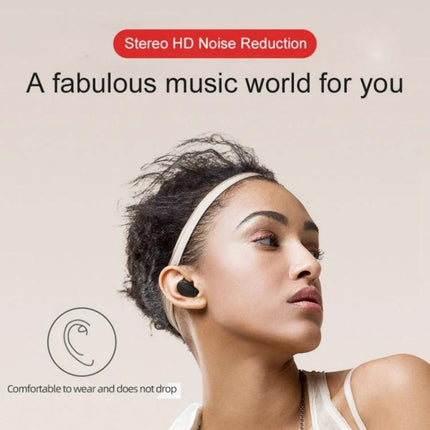 E6S Wireless Earbuds With LED Battery Display For Daily Use in black worn by woman, stereo HD noise reduction, comfy fit