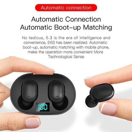 E6S Wireless Earbuds With LED Battery Display For Daily Use showing black earbuds in charging case with LED battery indicator