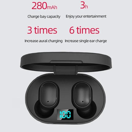 E6S Wireless Earbuds With LED Battery Display For Daily Use black earbuds in case showing LED 100 battery