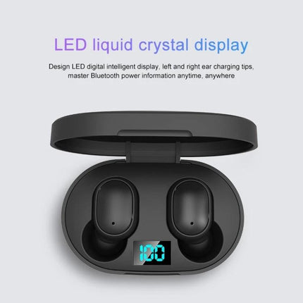 E6S Wireless Earbuds With LED Battery Display For Daily Use compact black case showing LED power display and earbuds