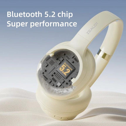 Zealot Foldable On Ear Wireless Headphones For Commuting And Calls showing Bluetooth 5.2 chip, foldable beige headset for commuting