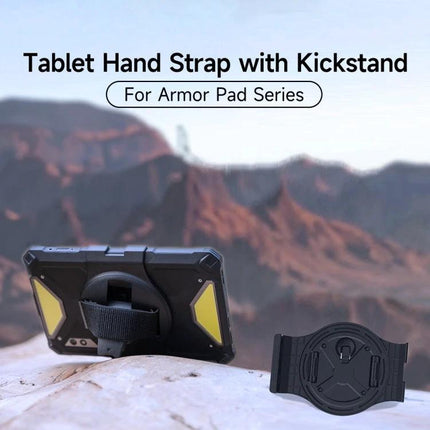 Ulefone Comfortable Hand Strap Holder for Armor Pad 3 Pro showing 360° rotating strap and kickstand on tablet in outdoor setting