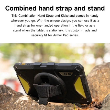 Ulefone Comfortable Hand Strap Holder for Armor Pad 3 Pro shown attached to tablet as combined hand strap and kickstand, 360° rotation for secure grip