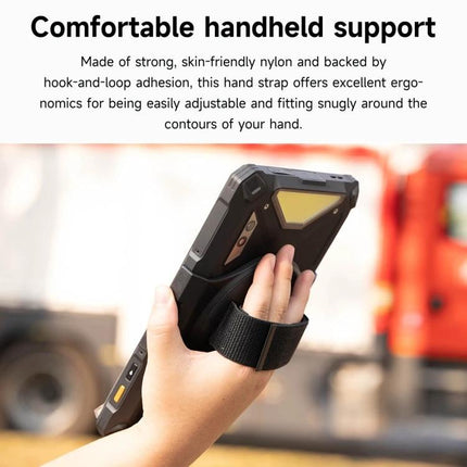 Ulefone Comfortable Hand Strap Holder for Armor Pad 3 Pro showing secure hand grip, 360-degree rotation and snug nylon strap for outdoor use