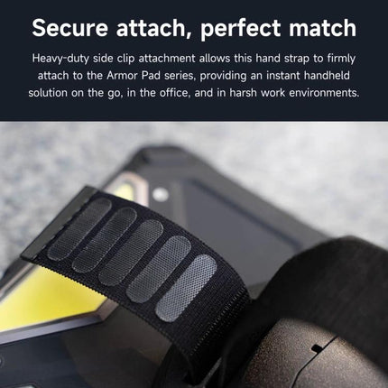 Ulefone Comfortable Hand Strap Holder for Armor Pad 3 Pro securely attached to tablet showing heavy-duty side clip and 360-degree rotation