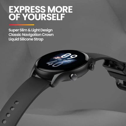 Zeblaze Smart Watch for Daily Wellness and Connectivity showing slim black round watch face, classic crown and liquid silicone strap