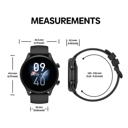 Zeblaze Smart Watch for Daily Wellness and Connectivity showing front and side measurements and adjustable strap dimensions