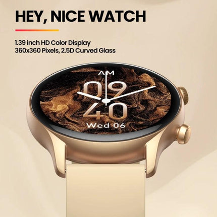 Zeblaze Smart Watch for Daily Wellness and Connectivity slim gold smartwatch with 1.39 inch HD color display showing time and date