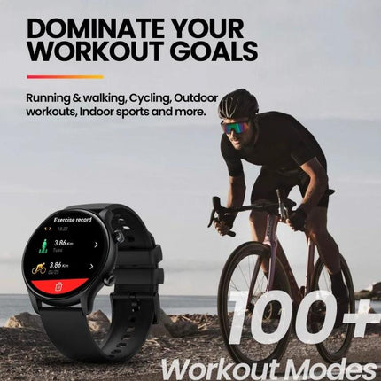 Zeblaze Smart Watch for Daily Wellness and Connectivity showing workout tracking screen beside cyclist promoting 100+ workout modes