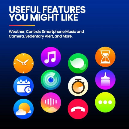 Zeblaze Smart Watch for Daily Wellness and Connectivity showing colorful app icons for weather, music control, heart rate, timer and notifications