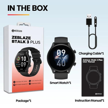 Zeblaze Smart Watch for Daily Wellness and Connectivity shown with packaging, charging cable, and instruction manual