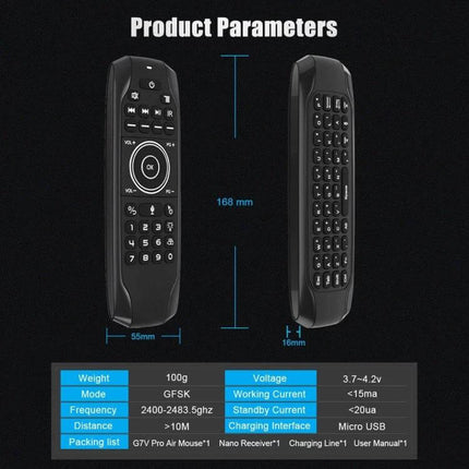 Wireless Air Mouse Keyboard with Backlight for TV and PC Control shown front and back with backlit keys and product dimensions