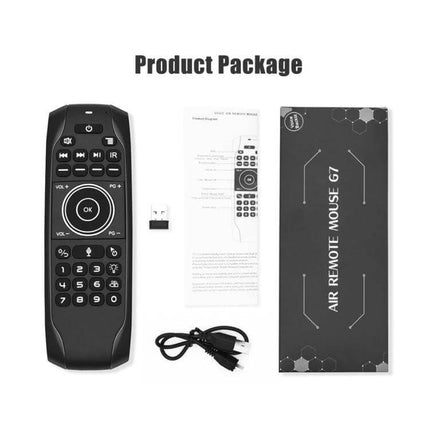Wireless Air Mouse Keyboard with Backlight for TV and PC Control shown with remote, USB receiver, charging cable and packaging