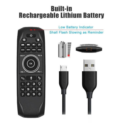Wireless Air Mouse Keyboard with Backlight for TV and PC Control showing remote, USB receiver and charging cable with built-in rechargeable battery