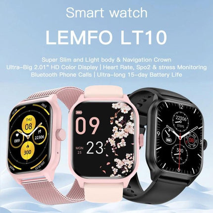 LEMFO Smart Watch for Everyday Health and Connectivity - three LEMFO LT10 pink and black watches showing heart rate, steps, and notifications