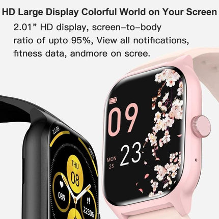 LEMFO Smart Watch for Everyday Health and Connectivity - pink smartwatch with 2.01" HD display showing time, notifications, heart rate and floral watch face