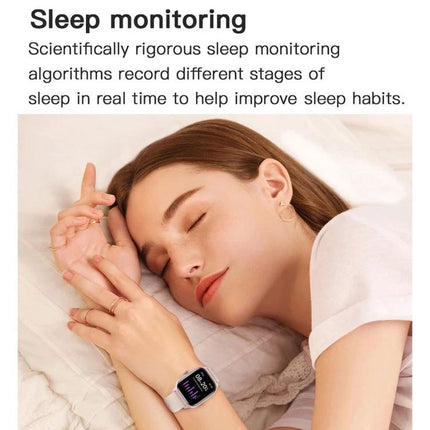 LEMFO Smart Watch for Everyday Health and Connectivity showing sleep monitoring on wrist while woman sleeps