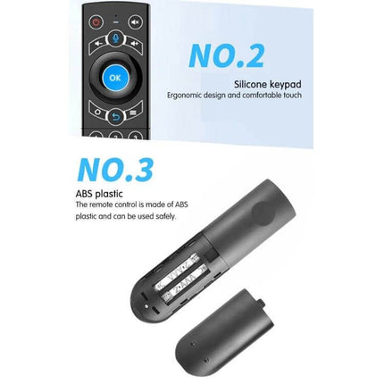 G21 Wireless Air Mouse Keyboard Remote for Smart TVs in Blue showing silicone keypad and open ABS plastic battery compartment