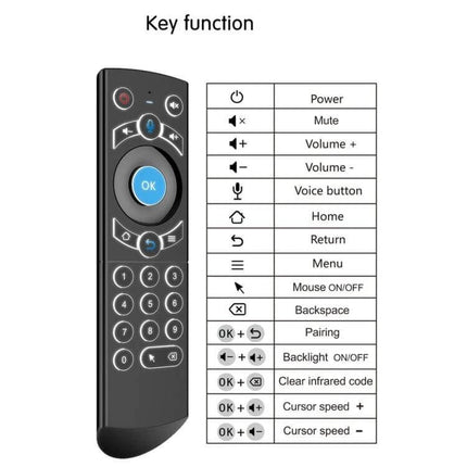 G21 Wireless Air Mouse Keyboard Remote for Smart TVs in Blue with labeled key functions and blue OK button