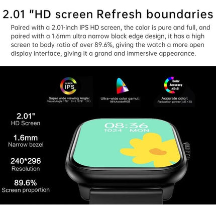 Daily Smart Watch for Everyday Health and Connectivity showing 2.01-inch HD screen, 1.6mm bezel, 240x296 resolution and health monitoring features