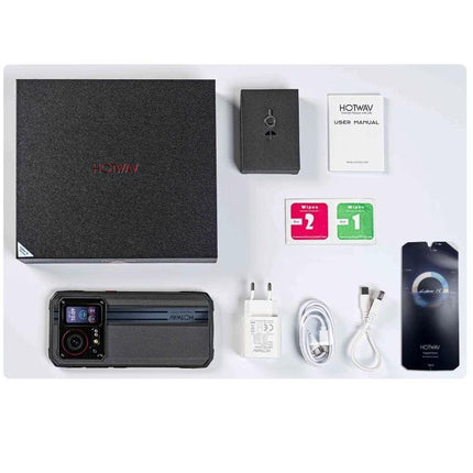HOTWAV Rugged Smartphone for Daily Use in Tough Environments with box, charger, cables, screen protectors and user manual