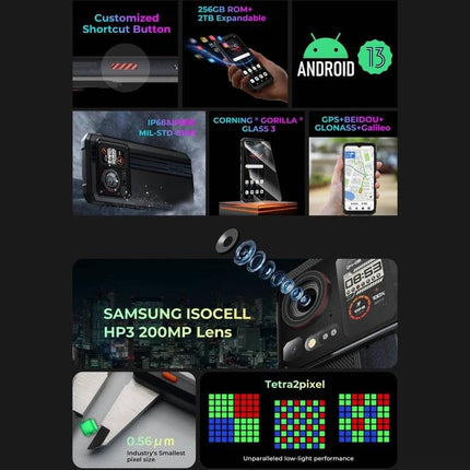 HOTWAV Rugged Smartphone for Daily Use in Tough Environments showing camera, rugged design, Android 13, MIL-STD, and Samsung ISOCELL 200MP lens