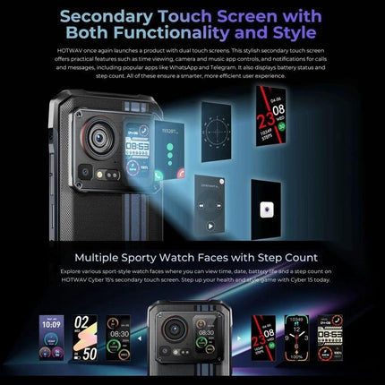 HOTWAV Rugged Smartphone for Daily Use in Tough Environments showcasing secondary touch screen, sporty watch faces, step count and rugged camera module