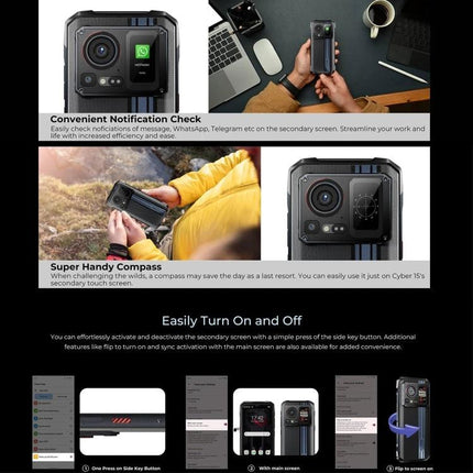 HOTWAV Rugged Smartphone for Daily Use in Tough Environments showing durable camera, secondary screen, compass, and user handling features