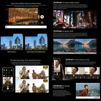 HOTWAV Rugged Smartphone for Daily Use in Tough Environments - collage showcasing PixSmart camera modes, 200MP, AI-Boost night/HDR/portrait and 2K video