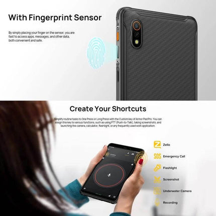Ulefone Armor Pad Pro 8-Inch Rugged Tablet for Everyday Use showing fingerprint sensor and custom shortcut features