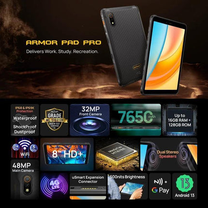 Ulefone Armor Pad Pro 8-Inch Rugged Tablet for Everyday Use - rugged 8-inch HD+ tablet with durable build, waterproof, long battery, Android 13