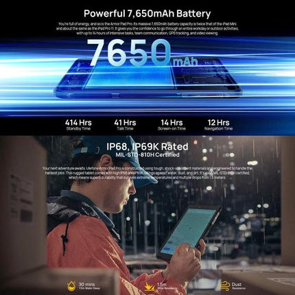 Ulefone Armor Pad Pro 8-Inch Rugged Tablet for Everyday Use showing 7650mAh battery, IP68 IP69K rugged rating and outdoor field use