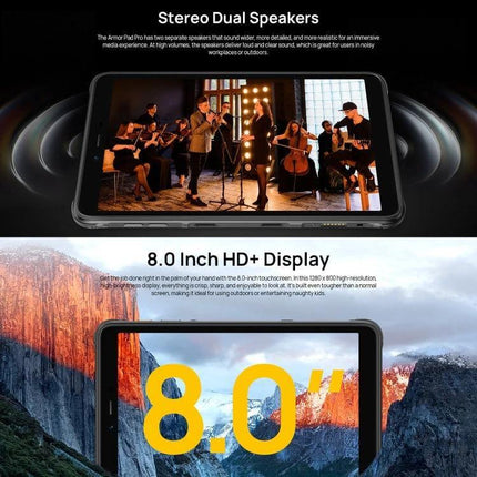 Ulefone Armor Pad Pro 8-Inch Rugged Tablet for Everyday Use showing 8.0-inch HD+ display and stereo dual speakers
