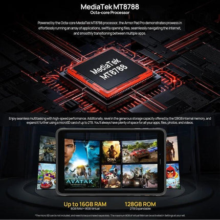 Ulefone Armor Pad Pro 8-Inch Rugged Tablet for Everyday Use showing MediaTek MT8788 chipset and 8-inch display with apps and specs (16GB RAM, 128GB ROM)