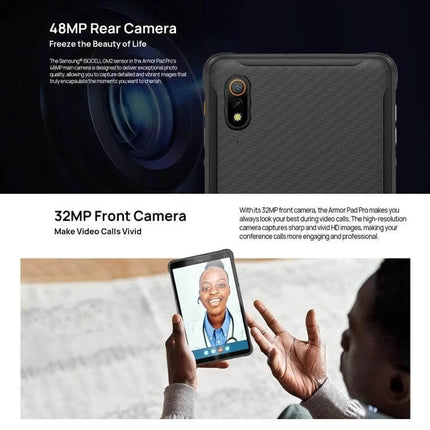 Ulefone Armor Pad Pro 8-Inch Rugged Tablet for Everyday Use showing 48MP rear camera and 32MP front camera features