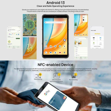 Ulefone Armor Pad Pro 8-Inch Rugged Tablet for Everyday Use showing Android 13 interface and NFC mobile payment demo