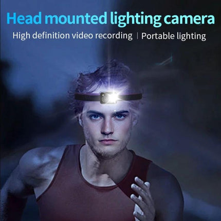 Head-Mounted Video Camera with Motion-Activated LED Lights worn by runner, compact HD recording and motion-activated LED illumination for outdoor use