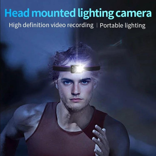 Head-Mounted Video Camera with Motion-Activated LED Lights worn by runner, compact HD recording and motion-activated LED illumination for outdoor use
