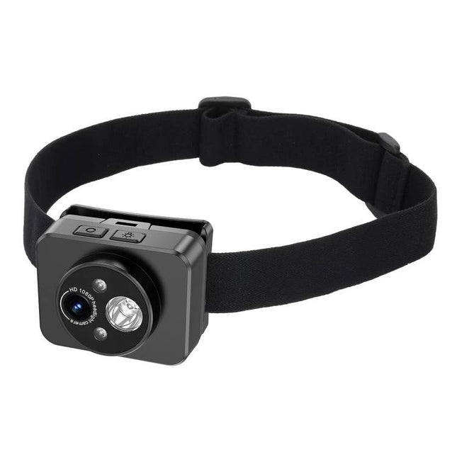Head-Mounted Video Camera with Motion-Activated Lighting System worn on adjustable strap for hands-free low-light recording