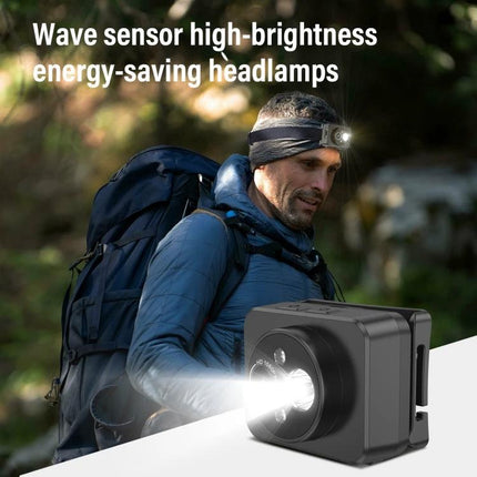 Head-Mounted Video Camera with Motion-Activated Lighting System worn by hiker using hands-free light for night hiking and outdoor monitoring