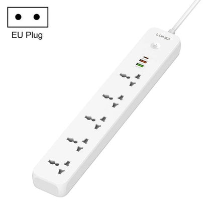 LDNIO 5-Position Travel Socket with USB Ports and Multiple Plugs white power strip showing five universal outlets and three USB ports