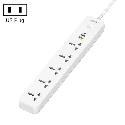 LDNIO 5-Position Travel Socket with USB Ports and Multiple Plugs white power strip showing five universal sockets and USB charging ports