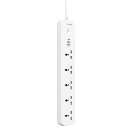 LDNIO 5-Position Travel Socket with USB Ports and Multiple Plugs compact white power strip with USB ports and five international plug sockets