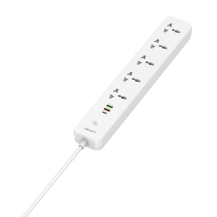 LDNIO 5-Position Travel Socket with USB Ports and Multiple Plugs white power strip showing five universal outlets and three USB ports for travel charging