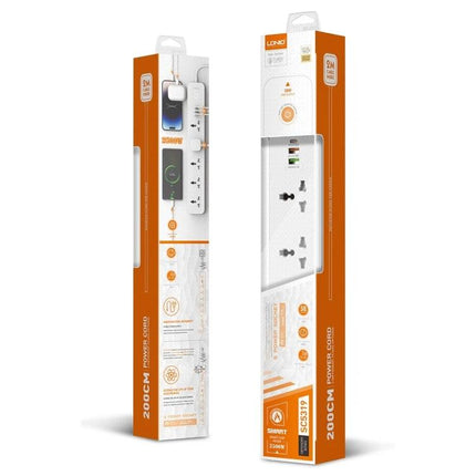 LDNIO 5-Position Travel Socket with USB Ports and Multiple Plugs in retail packaging showing five sockets and USB ports