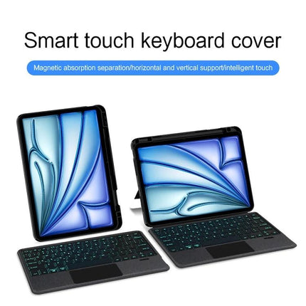 Leather Detachable Bluetooth Keyboard Case for iPad with Backlight and Pen Slot showing detachable backlit keyboard and iPad stand in use