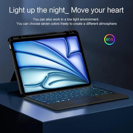 Leather Detachable Bluetooth Keyboard Case for iPad with Backlight and Pen Slot showing iPad propped with illuminated RGB backlit keyboard